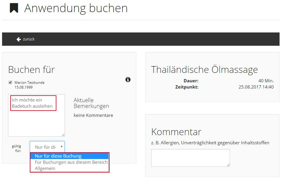 Kunde hinterlegt Bemerkung bei Wellness-Buchung