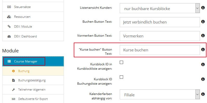 Individuelle Beschriftung des Buttons "Kurse buchen"