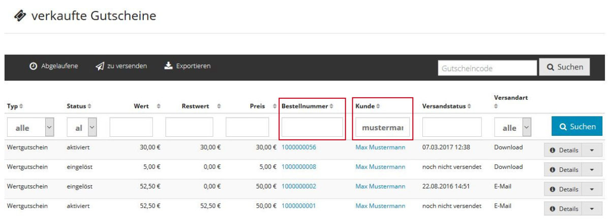 Erweiterung der Liste der verkauften Gutscheine