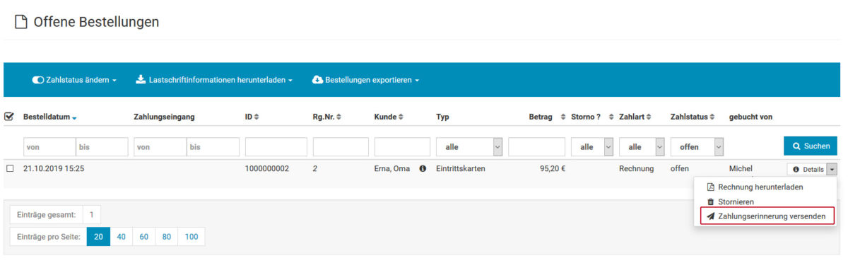 Zahlungserinnerung versenden