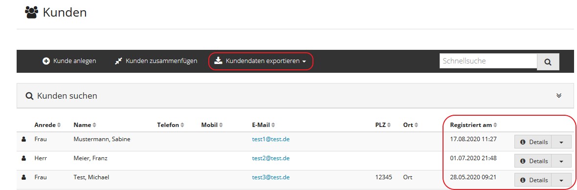 Kundenliste um Registrierungsdatum erweitert