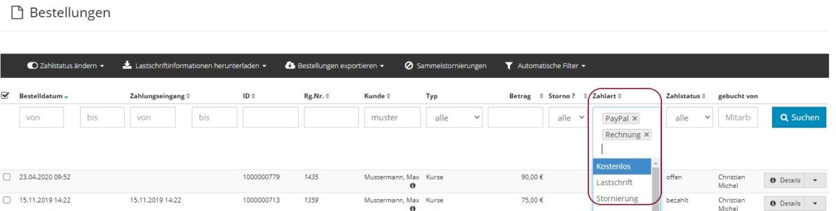 Bestellungen nach mehreren Zahlarten filtern