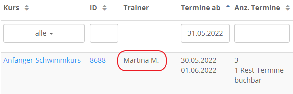 Darstellung des Trainernamens bei Kursen