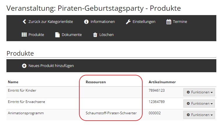 Event-Produkt mit Hinweis auf Ressource