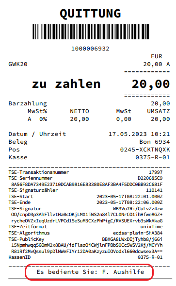 Kassenbon-Darstellung Name Kassierer