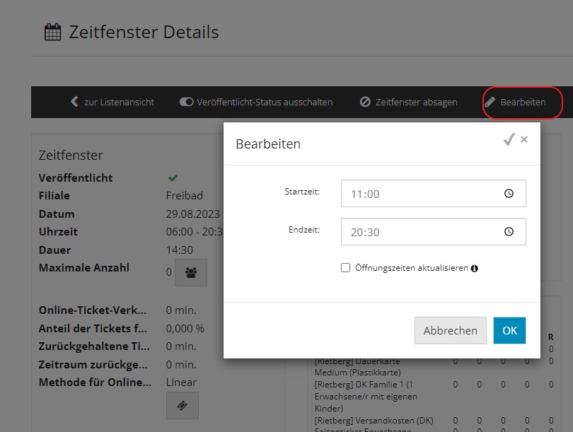 Zeitfenster bearbeiten