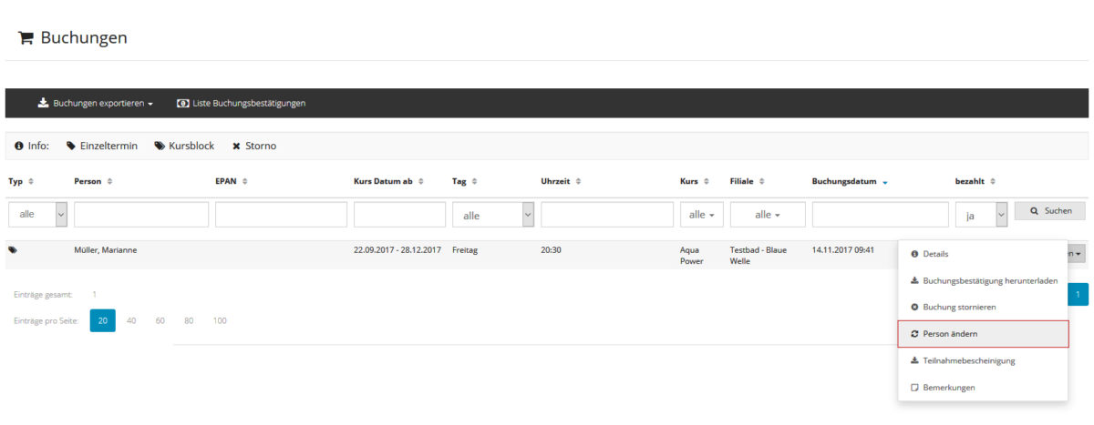 Kurse - Buchungen - Person ändern