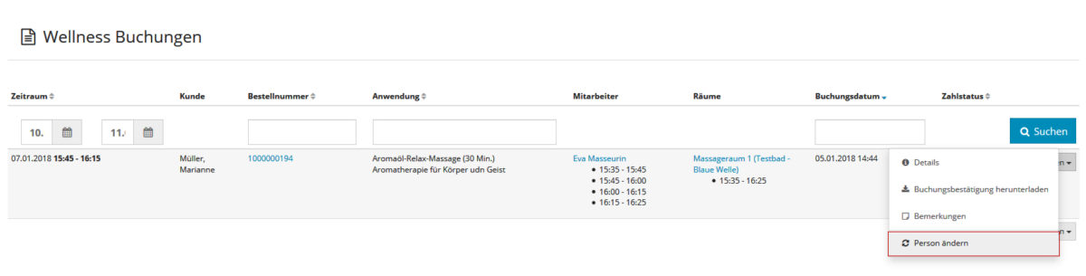 Wellness - Buchungen - Person ändern