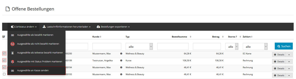 Mehrere offene Bestellungen an Kasse senden