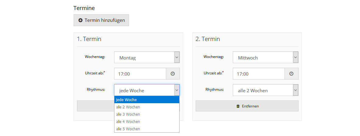 Kurszeiten anlegen - Termine eigener Rhythmus